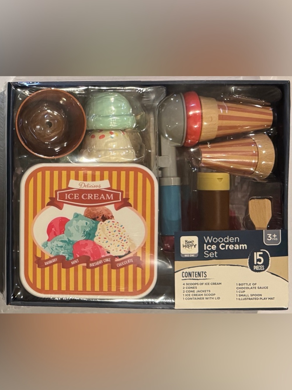 NEW Wooden Ice Cream Play Food Set Pretend Imaginative Toy Kitchen Toddlers Kids